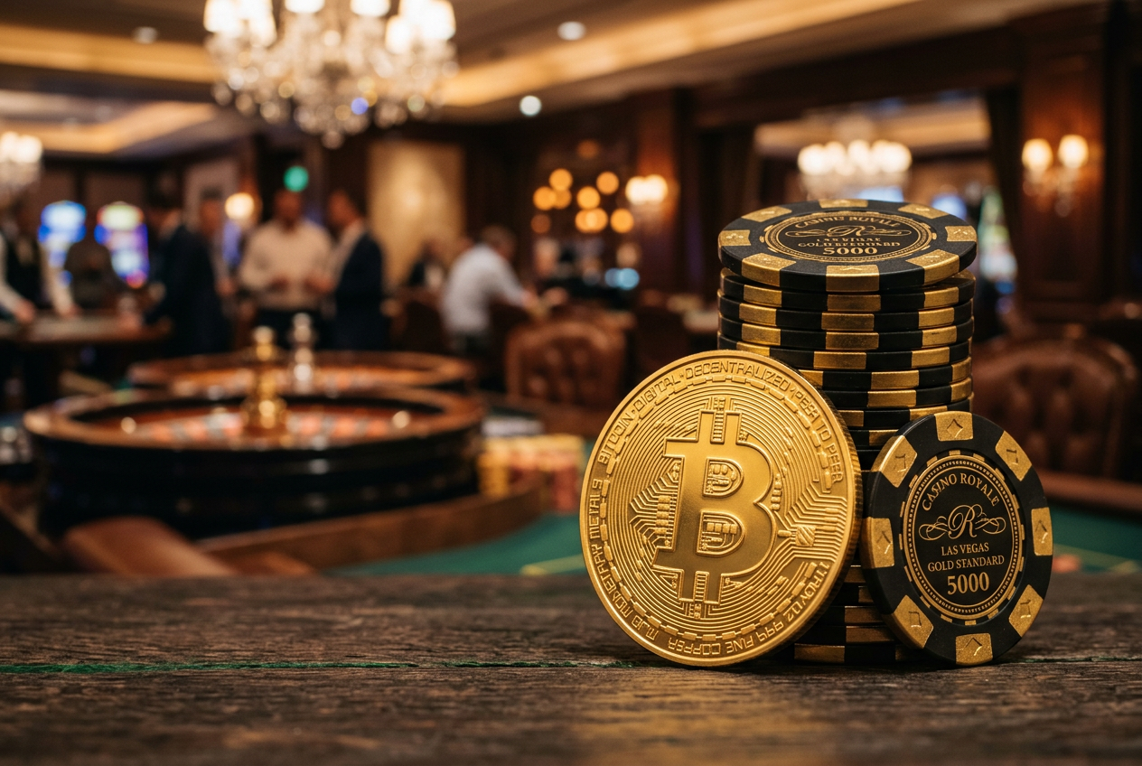 Luxury casino chips and a digital Bitcoin coin